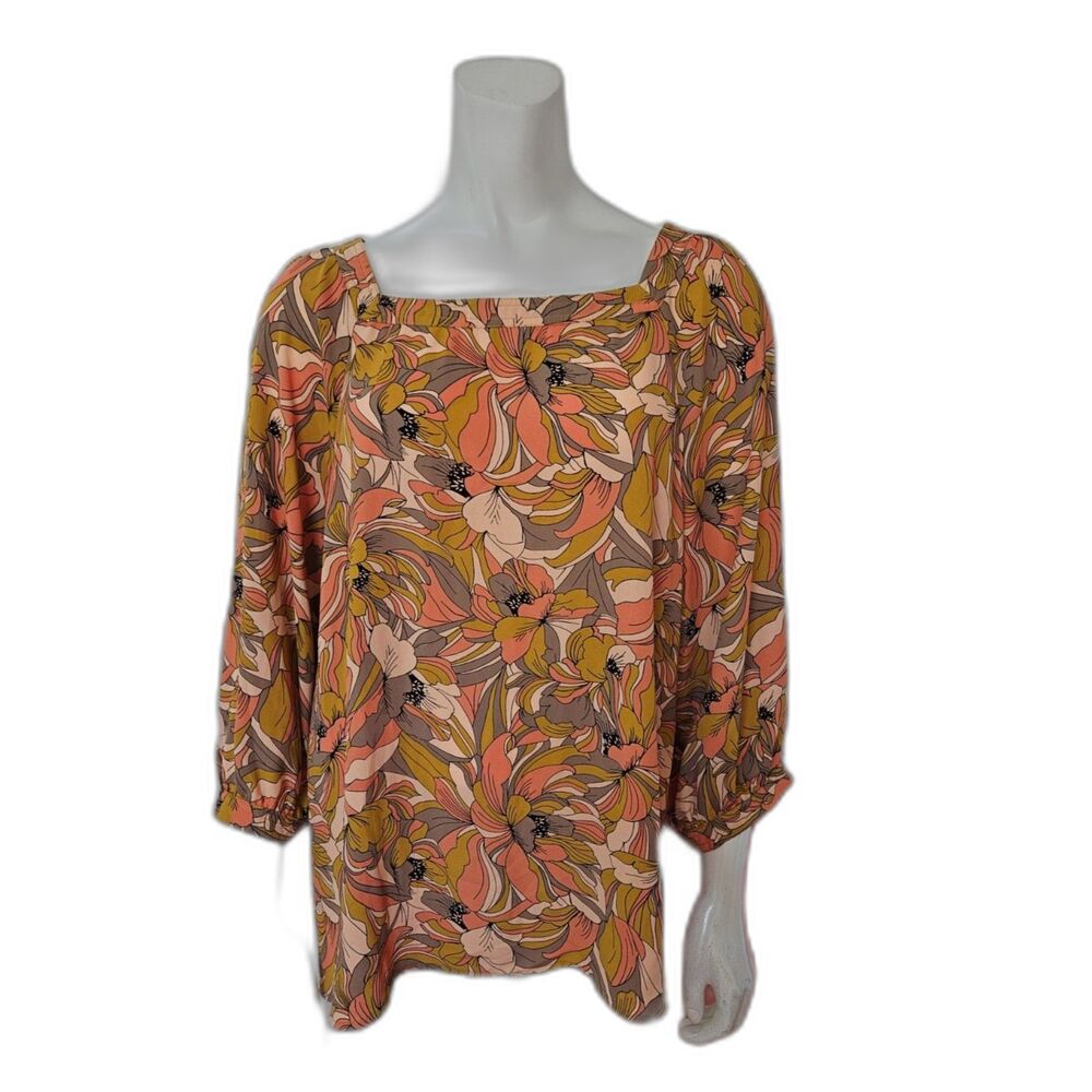 Premise Floral Orange and Gold Abstract Floral Print Blouse Womens Size Large